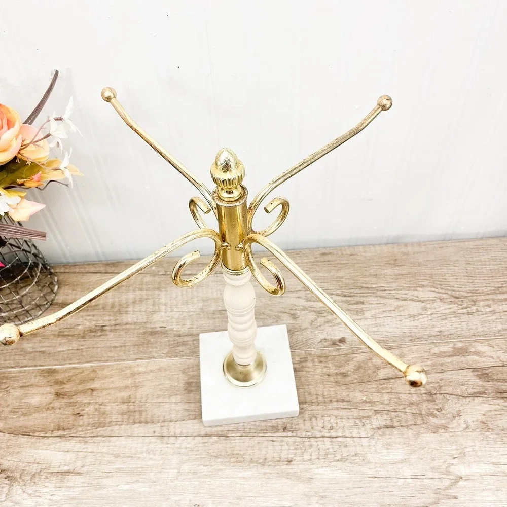 Vintage Brass Marble Jewelry Stand, 4-Arm Rotating Organizer Decor